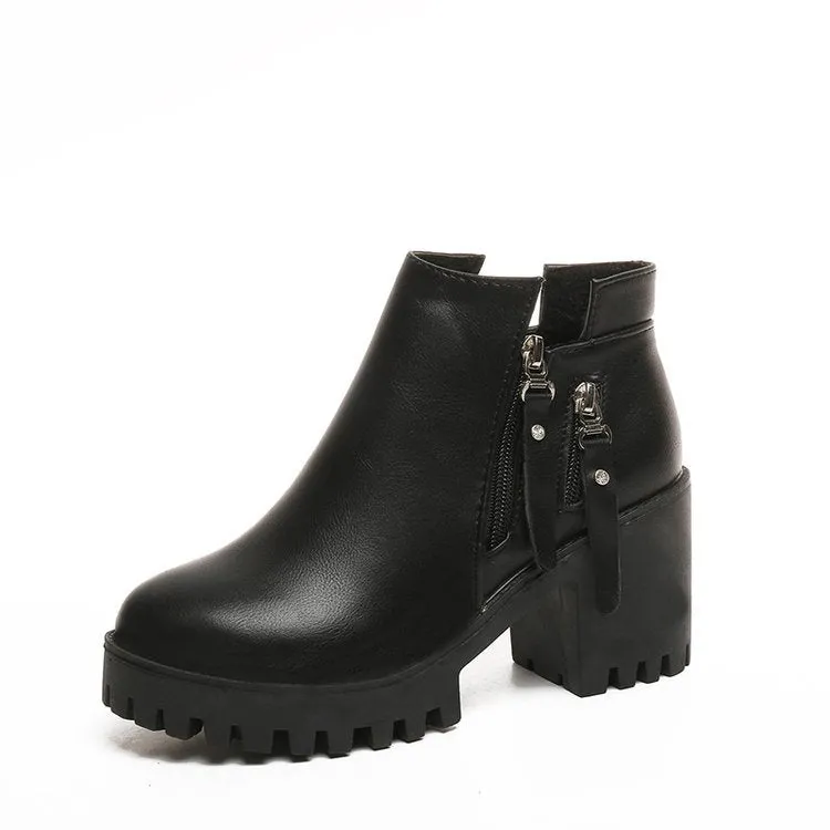 women's double zippers high thick heeled ankle boots
