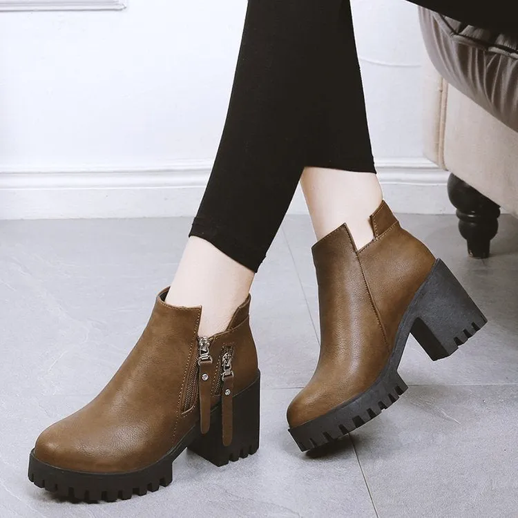 women's double zippers high thick heeled ankle boots