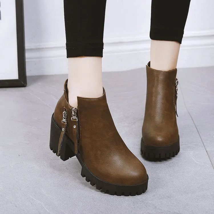 women's double zippers high thick heeled ankle boots