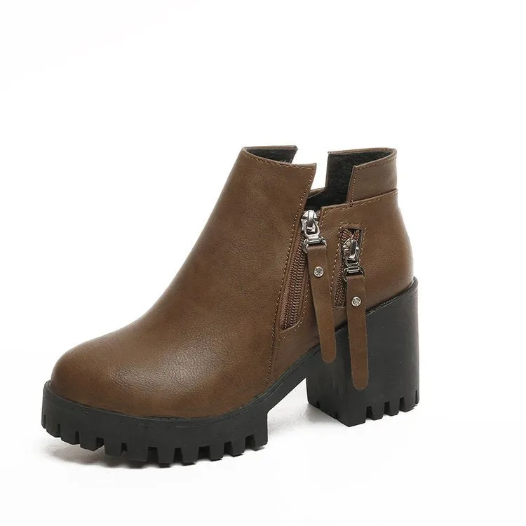 women's double zippers high thick heeled ankle boots