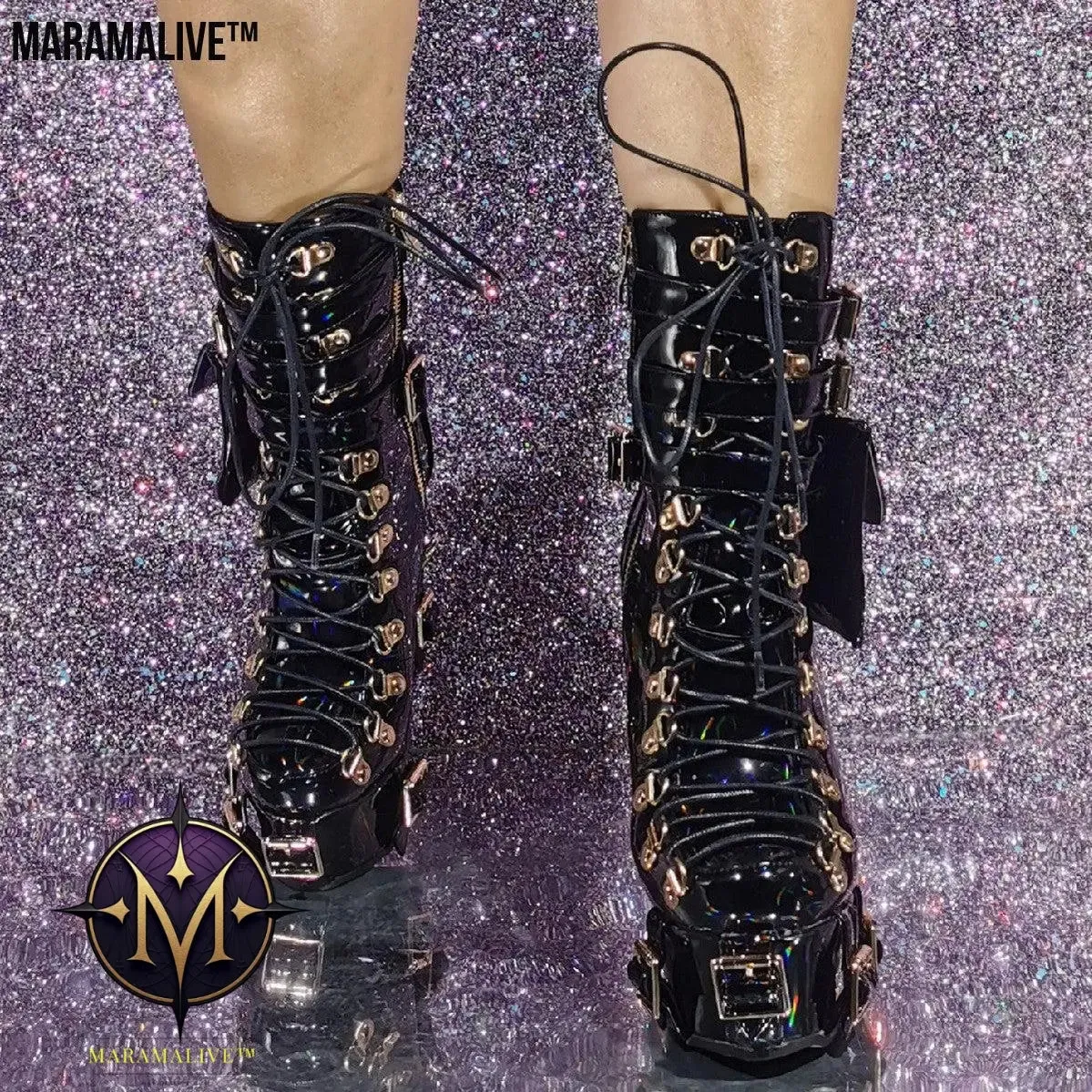 Women's Fashion Halloween Gothic Leather Wrapped Buckle Slope Heel Thick-soled Boots