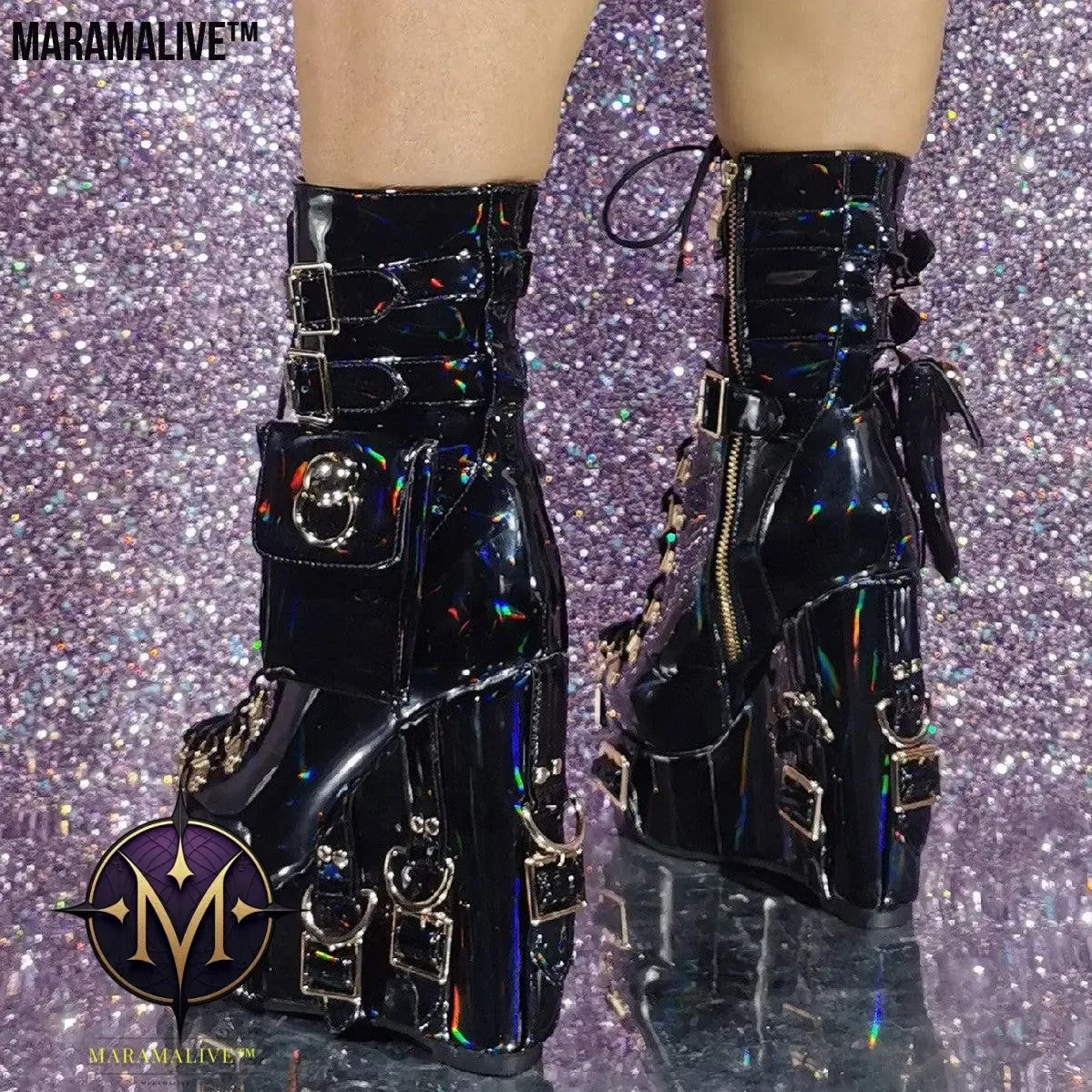 Women's Fashion Halloween Gothic Leather Wrapped Buckle Slope Heel Thick-soled Boots