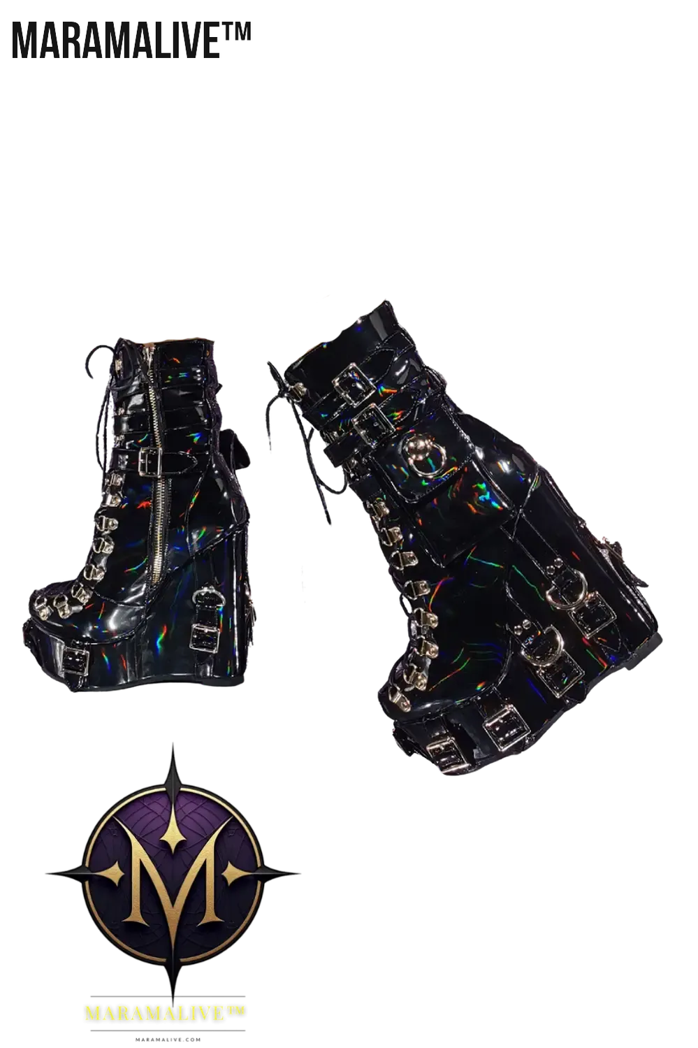 Women's Fashion Halloween Gothic Leather Wrapped Buckle Slope Heel Thick-soled Boots