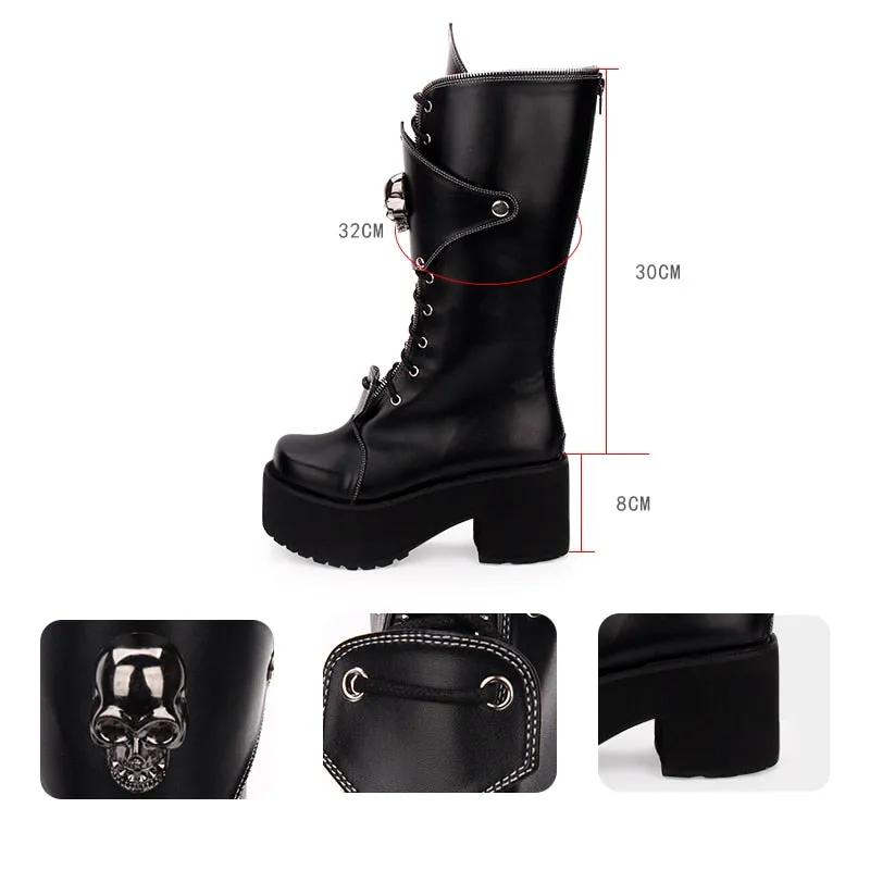 Women's Gothic Punk High Boots Thick Platform Chunky Heels Skull Lace-up Cosplay Boots