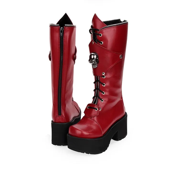 Women's Gothic Punk High Boots Thick Platform Chunky Heels Skull Lace-up Cosplay Boots