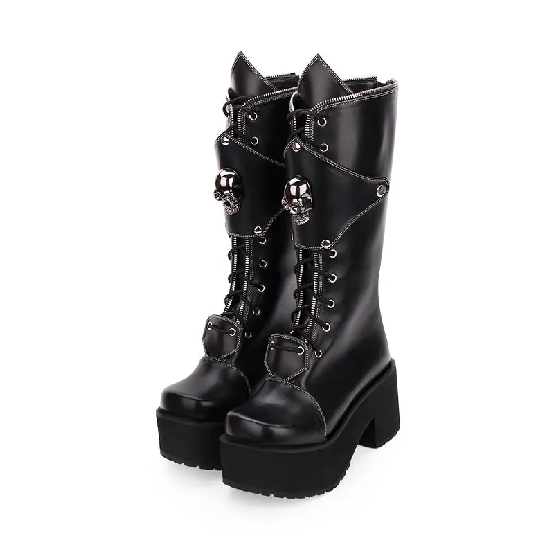 Women's Gothic Punk High Boots Thick Platform Chunky Heels Skull Lace-up Cosplay Boots