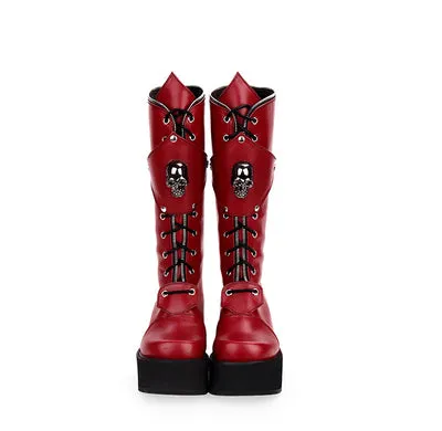 Women's Gothic Punk High Boots Thick Platform Chunky Heels Skull Lace-up Cosplay Boots