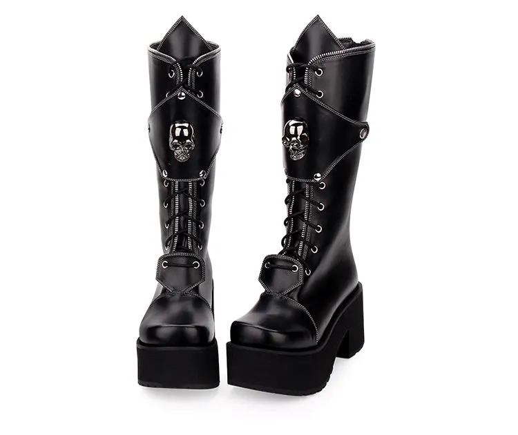 Women's Gothic Punk High Boots Thick Platform Chunky Heels Skull Lace-up Cosplay Boots