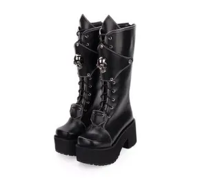 Women's Gothic Punk High Boots Thick Platform Chunky Heels Skull Lace-up Cosplay Boots