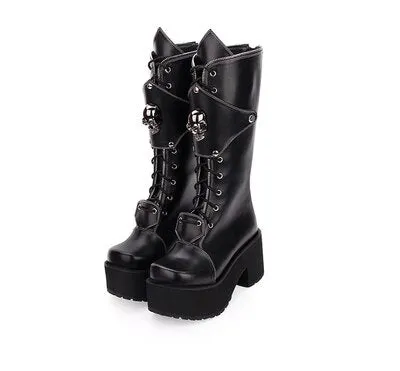 Women's Gothic Punk High Boots Thick Platform Chunky Heels Skull Lace-up Cosplay Boots