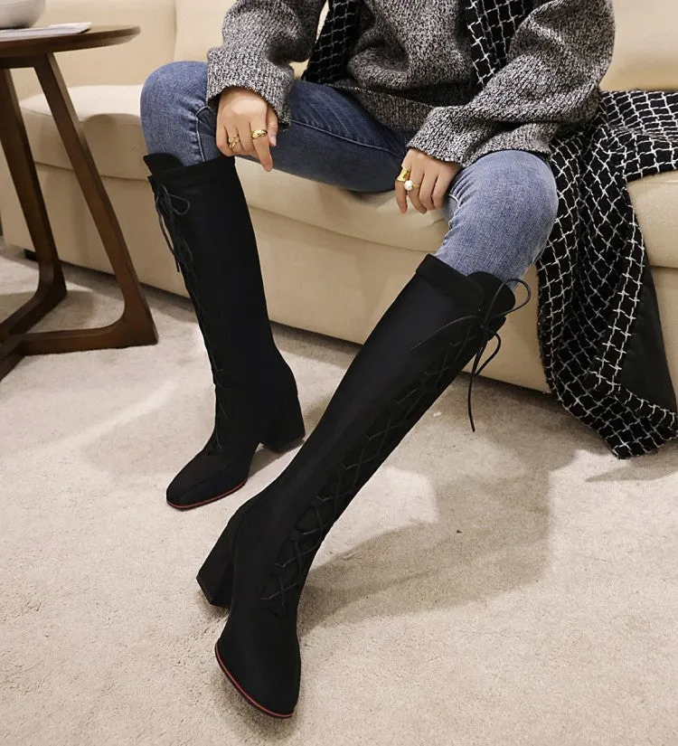 Women's Lace Up High Heel Knee High Boots