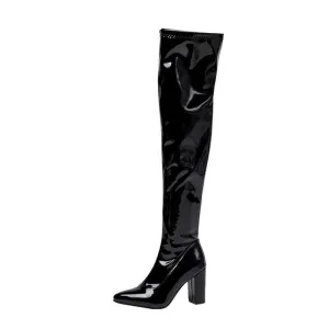 Women's Over Knee Chunky Heeled Patent Leather Boots