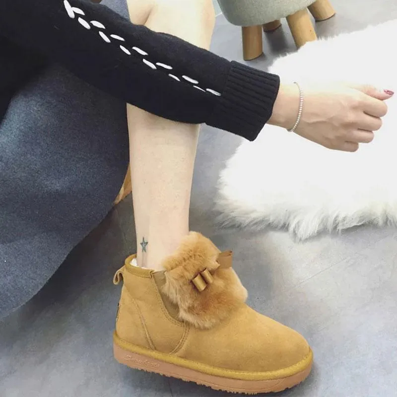 Women's Real Cowhide Short Boots Snow Boots Plus Velvet Padded Non-slip Boots Winter Rabbit Fur Warm Cotton Shoes Leather Boots for Women