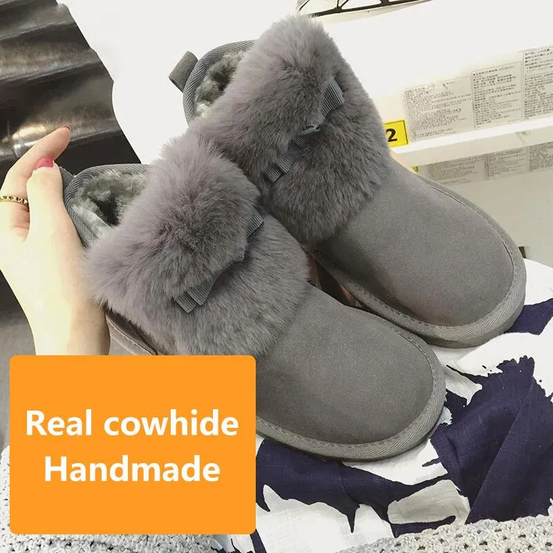 Women's Real Cowhide Short Boots Snow Boots Plus Velvet Padded Non-slip Boots Winter Rabbit Fur Warm Cotton Shoes Leather Boots for Women