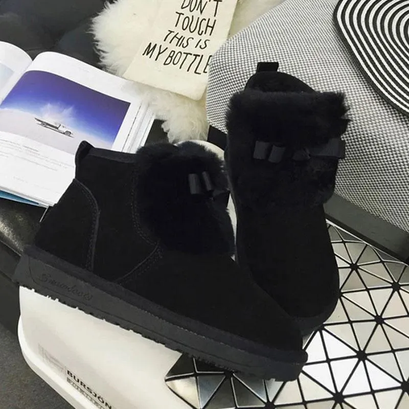 Women's Real Cowhide Short Boots Snow Boots Plus Velvet Padded Non-slip Boots Winter Rabbit Fur Warm Cotton Shoes Leather Boots for Women