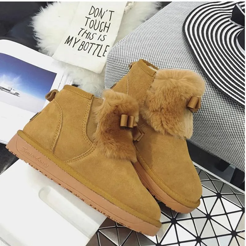 Women's Real Cowhide Short Boots Snow Boots Plus Velvet Padded Non-slip Boots Winter Rabbit Fur Warm Cotton Shoes Leather Boots for Women