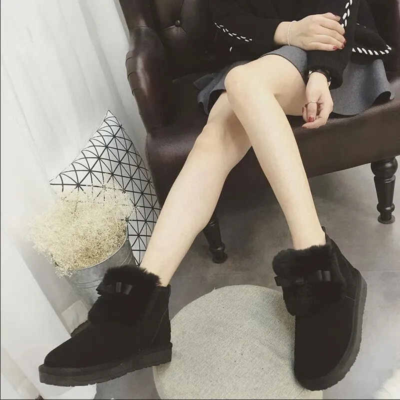 Women's Real Cowhide Short Boots Snow Boots Plus Velvet Padded Non-slip Boots Winter Rabbit Fur Warm Cotton Shoes Leather Boots for Women