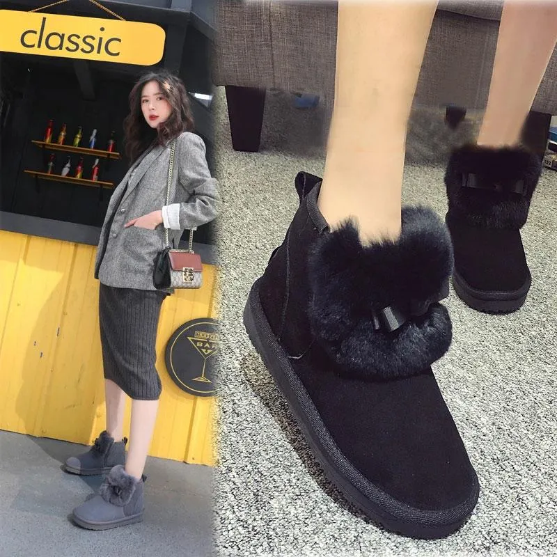 Women's Real Cowhide Short Boots Snow Boots Plus Velvet Padded Non-slip Boots Winter Rabbit Fur Warm Cotton Shoes Leather Boots for Women
