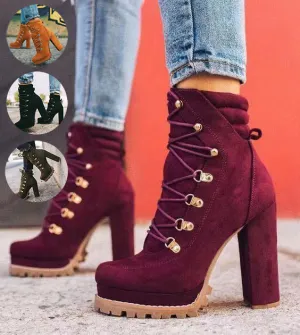 Women's Round Toe Lace-up High Heeled Boots